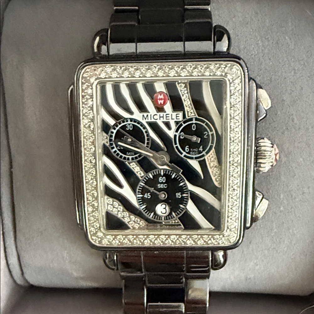 Michele Deco Zebra Ceramic Black and Silver  Chronograph Watch With Diamonds
